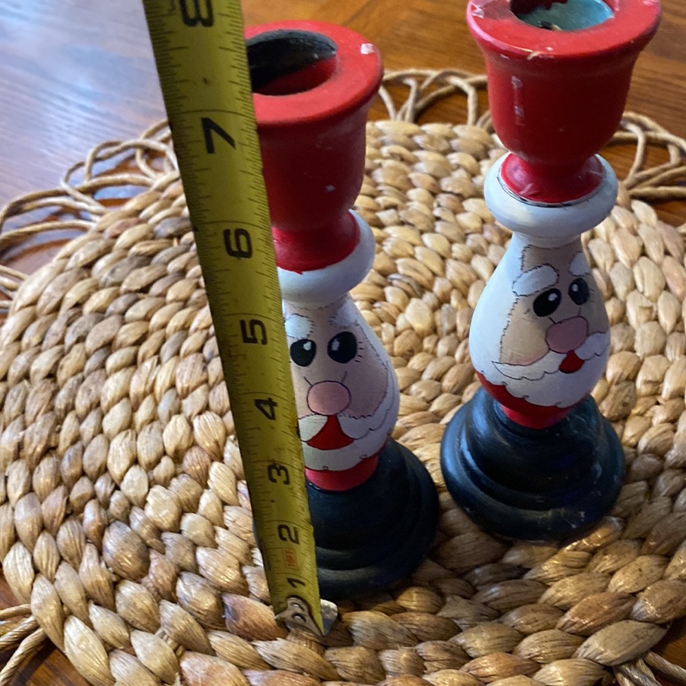 Santa Claus Hand Tole Painted Whimsical Wooden Candle Holders Christmas Vintage - Picture 4 of 5
